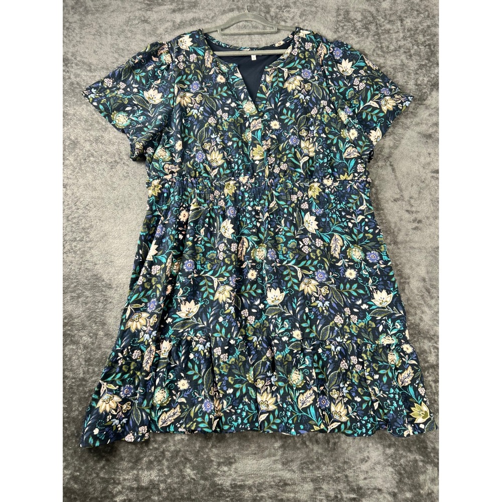 Maurices Women 3X Floral V-Neck Smocked Waist Ruffle Hem Mini Dress Navy Blue - Picture 2 of 8